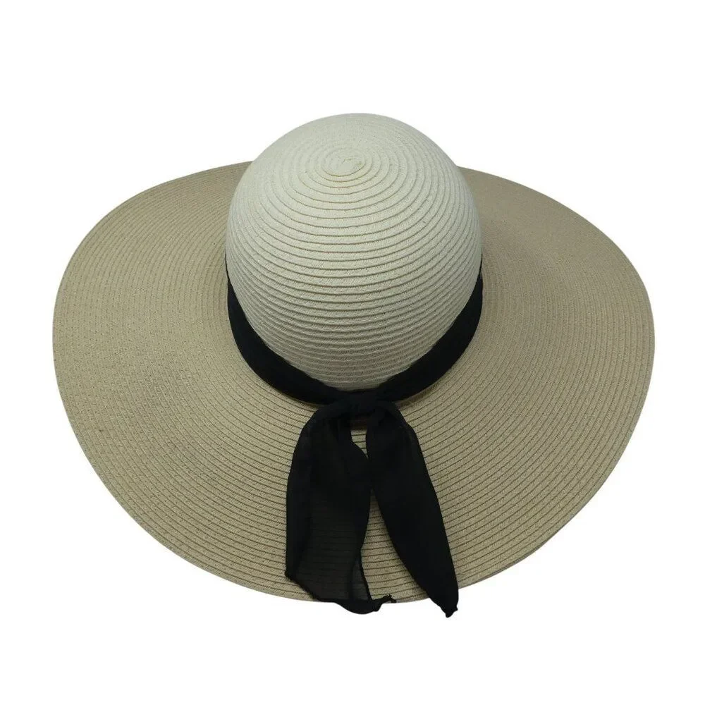 HBY‎ Miami Cream Black Paper Straw Wide Brim Floppy Beach Sun Hat S/M